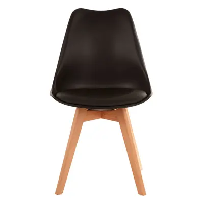 Black Chair With Cushion And Beech Wood Legs, Comfortable Seating Faux Leather Chair, Space-Save