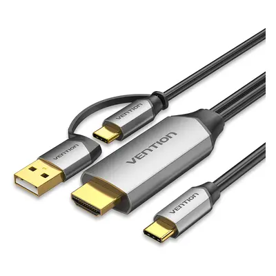 (2M) USB-C to HDMI-compatible Cable Multifunctional Data Cable with USB+USB-C 2-in-1 Power Suppl