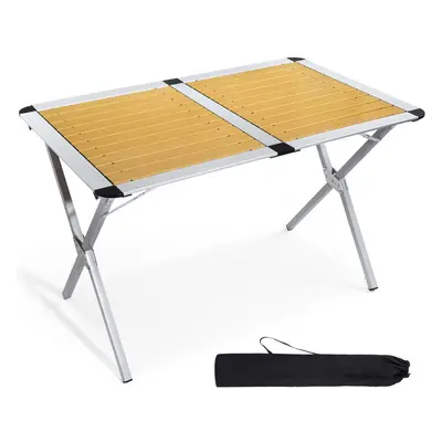 Camping table with slatted top, 110x70cm aluminium roll-up garden table, foldable picnic table f