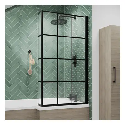 Bath Shower Screen Door Hinged 800mm Black Grid Square 6mm Glass Return Panel