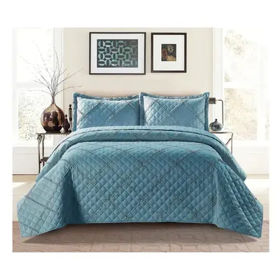 (Blue , Super King ) New Luxury Embossed RUFFLED Bedspread Bedding Set