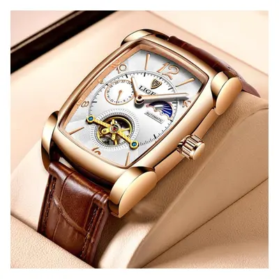 (rose gold,white) Lige Original Men Watch Fashion Casual Leather Strap Automatic Mechanical Watc