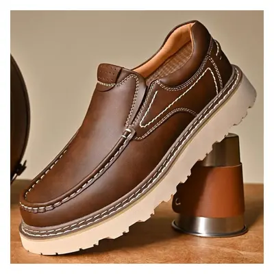 (brown, 44) Fashion Men&apos;s Leather Casual Shoes Slip On Work Shoes