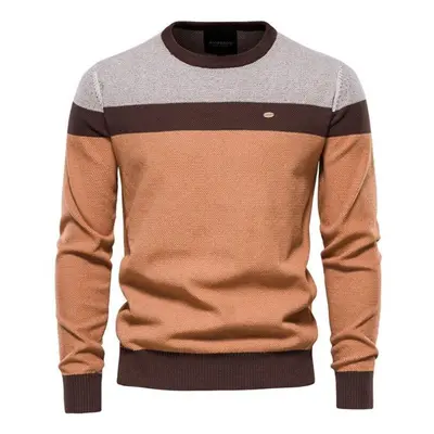 (orange, 82-90 kg) Aiopeson Spliced Cotton Sweater Men Casual O-neck High Quality Pullover Knitt