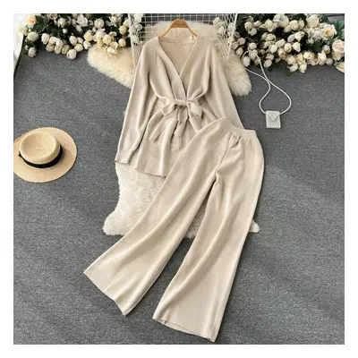 (champagne, One Size) Autumn Two-piece Suit Niche Design Lace-up Waist Long-sleeved Knitted Card