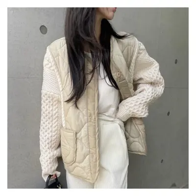 (white, One Size) Dimanaf Winter Women Sweaters Patchwork Wadded Buttons Coat Knitting Jacket Fa