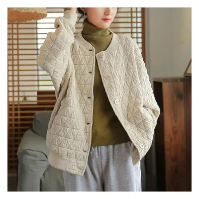 (beige, One Size) Johnature Women Padded Coats Long Sleeve Loose Solid Color Casual Clothes Wint