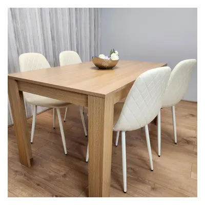 Wooden Dining Table with Cream Gem Patterned Chairs Rusteic Effect Table with Cream Chairs