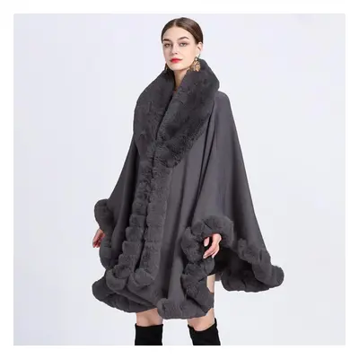 (dark gray, One size) Elegant V Lapel Faux Rex Rabbit Fur Coat Cape Winter Women Big Long Shawl 