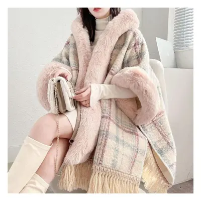 (pink, One Size) Cardigan Fur Collar Hooded Cape Female Autumn And Winter Women Coat Languid Tas