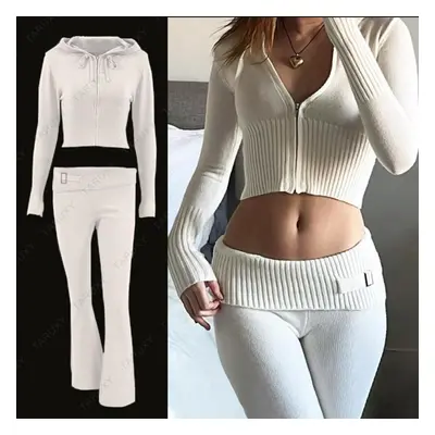 (white, S) Pink Knit Two Piece Seor Women Y2k Casual Zipper Sweater Hoodie And Pants Sets 2-piec