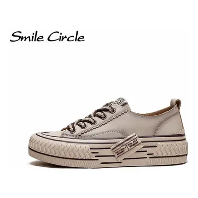 (beige, 40) Natural Leather Women&apos;s Flat Shoes Low Top Lace-up Sneakers Retro Casual Women&