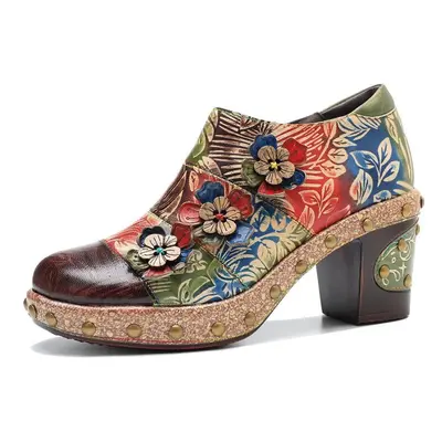 (green, 38) Johnature Genuine Leather Hand-painted Pumps Women Shoes Retro Flower Comfortable Pl