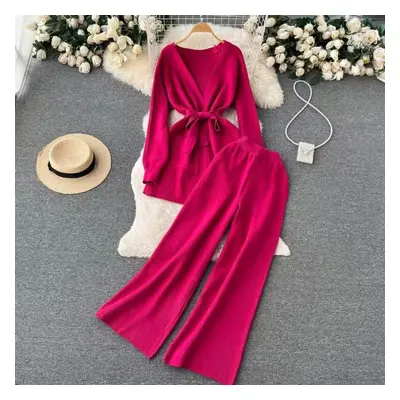 (rose red, One Size) Autumn Two-piece Suit Niche Design Lace-up Waist Long-sleeved Knitted Cardi