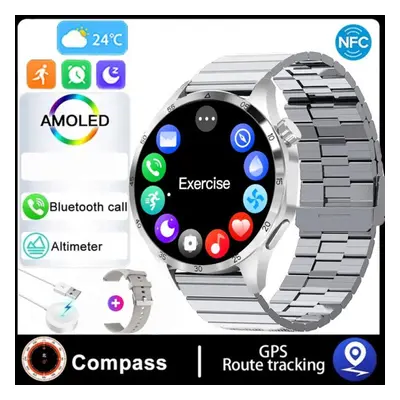 (silver, Silicone+Bamboo Steel) Smart Watch Men Watch Pro Amoled Hd Screen Bluetooth Call Nfc He