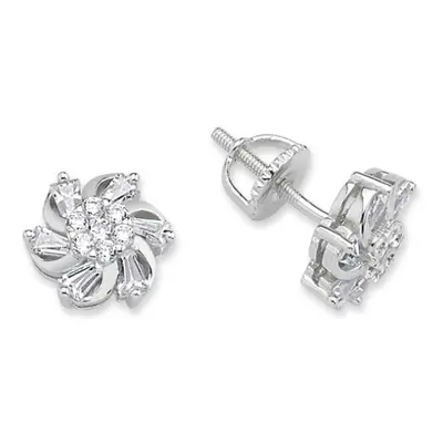 Jewelco London Ladies Sterling Silver Tapered Baguette Cubic Zirconia Screw Back Flower Stud Ear