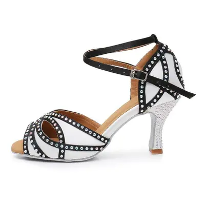 (as the picture, 37) Women&apos;s Latin Dance Shoes Dileechi Black White Satin Rhinestone Salsa 