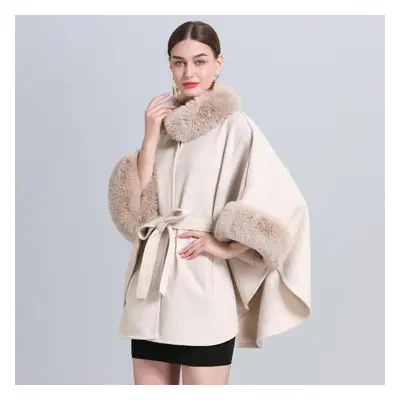 (beige, One Size) Winter Woman&apos;s Shawl Cape Jacket Fur Collar Knitted Laced Seven-point Sle