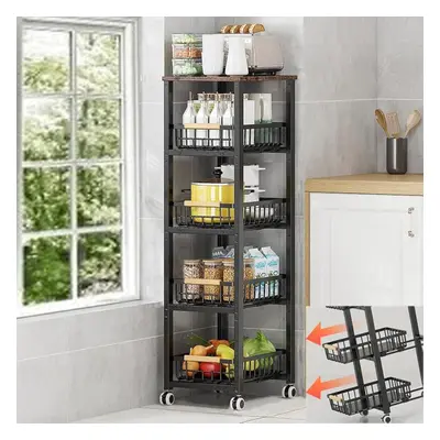 (5 Tier with Slide Drawer) Metal Wire Basket With Wheels, Stackable Storage Bins Kitchen Organiz