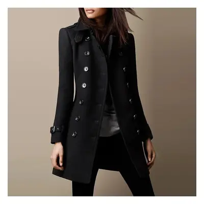 (Black, = 14) Women's Winter Slim Fit Trench Button Long Coat Jacket Overcoat Parka Outwear