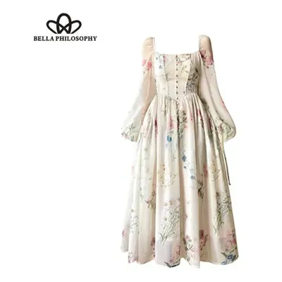 (white, XL) French Elegant Floral Midi Dress Chiffon Long Sleeve Evening Party Dress Woman Beach