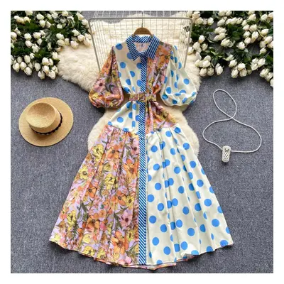 (blue, One Size) Summer Elegant Midi Patchwork Dress For Women Lapel 3/4 Sleeve Wave Point Breas