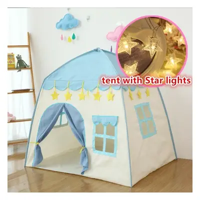 (blue, tent with Star lights) 1.3m Portable Children&apos;s Tent Wigwam Folding Kids Tents Tipi 