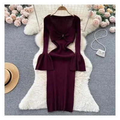 (burgundy, One Size) Sexy Bodycon V Neck Flare Long Sleeve Knit Dress Chic Elegant Vestidos Autu