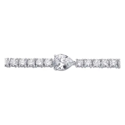 Jewelco London Ladies Rhodium Sterling Silver Pear CZ Solitaire Centrepiece Tennis Bracelet - GV