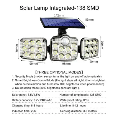 (138SMD - A) Solar Lights Outdoor 171COB 108/122/138LEDs Motion Sensor Light Head Remote Control