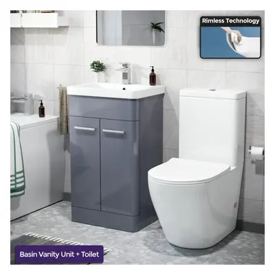 Afern 500mm Freestanding Vanity Unit and Close Coupled Rimless Toilet Steel Grey