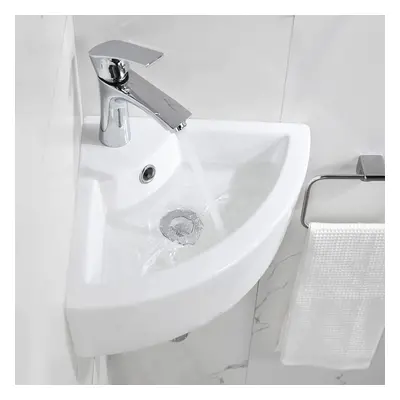 Cloakroom Hand Wash Basin Sink Compact Ceramic White Wall Hung Triangular