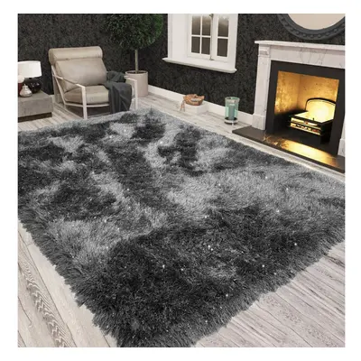 (Black Grey) Non Slip Shaggy Sparkle Living Room Carpet Rugs