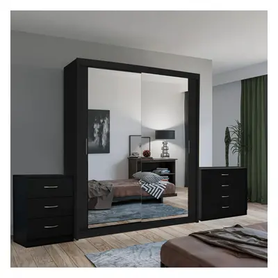 (Black, cm) Chen Sliding Mirror Wardrobe With Chest Drawers