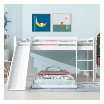 BTM Children's Cabin Bed Frame with Slide & Ladder, Bunk Bed for Kids with Adjustable Ladder and