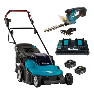 Makita DLM432PT2 Twin 18v / 36v LXT Cordless 43cm Lawn Mower + Hedge Trimmer 5AH