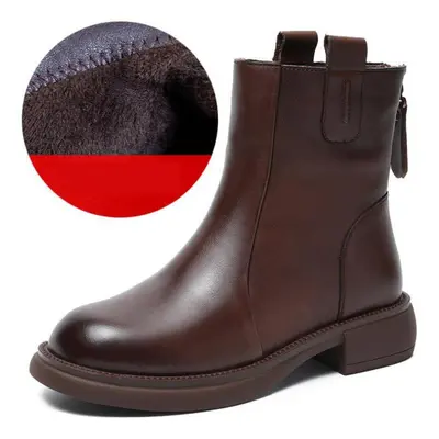 (brown sugar, 39) Johnature Genuine Leather Shoes Women Boots Zip Round Toe Sewing Leisure Handm