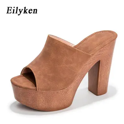 (brown, 42) Eilyken Fashion Wood Grain High Heels New Women Slippers Summer Roman Peep Toe Platf