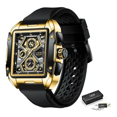 (gold,black) Lige Fashion Men&apos;s Watch Top Brand Creative Quartz Watch Sports Waterproof Chr