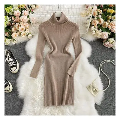 (khaki, One Size) New Autumn Winter Women&apos;s Dress Temperament Solid Color Thicken Knit Dres