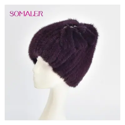 (purple,red) Somaler Winter Real Mink Fur Hats For Women Knitted Warm Wool Hats Girls Skull Bean