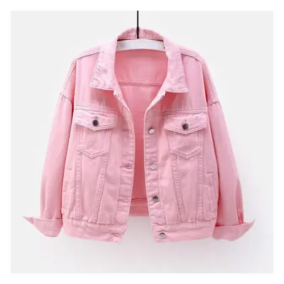 (pink, 4XL) Spring Color Denim Jacket Women&apos;s Short Korean Loose Long Sleeve Jacket Student