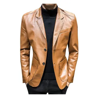 (earth yellow, XL) Luxury Leather Jacket Men&apos;s Suit Leather Coat Casual Small Suit Coat Men