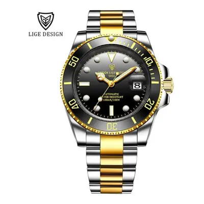 (gold,black) Lige New Watch Men Automatic Mechanical Tourbillon Clock Fashion Sport Diving Watch