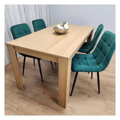 Dining Set of Oak Effect Dining Table and Green Velvet Chairs Dining Room Furniture