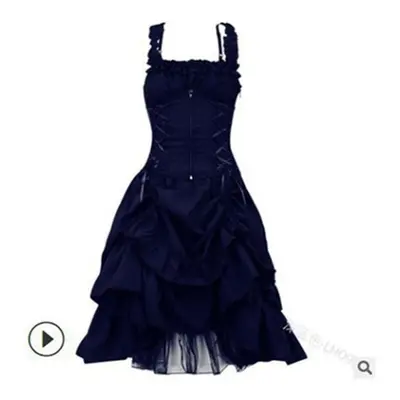 (dark blue, XXXXXL) Womens Gothic Dress Woman Classic Black Layered Lace-up Goth Lolita Corset W