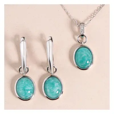 (blue, M) Bolaijewelry Natural Amazonite Jewelry Set Sterling Pendant Necklace Earrings Simple D