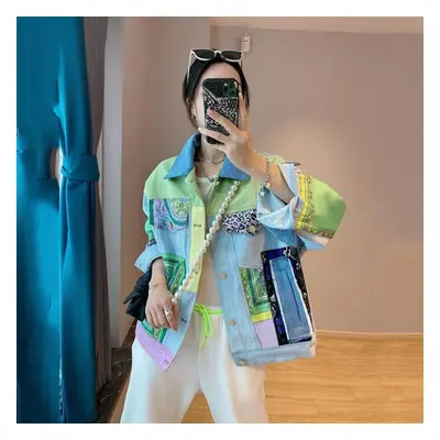 (green, XL) Autumn Woman Chic Denim Jacket Hit Color Print Patchwork Designer Jean Outerwear Lap