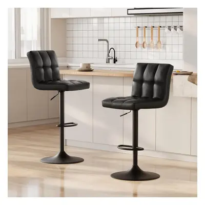 (Black) Bar Chairs Set of PU Leather Swivel Height Adjustable Bar Chair with Backrest for Breakf