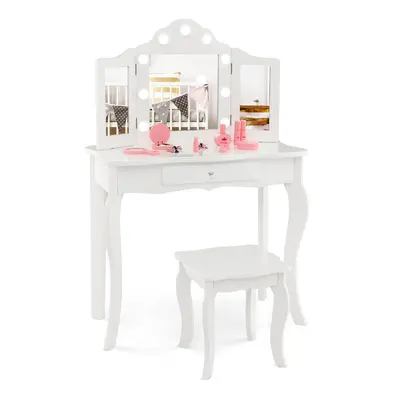 Kids Vanity Table & Stool Set 2-in-1 w/ Glass Tri-Folding Mirror White